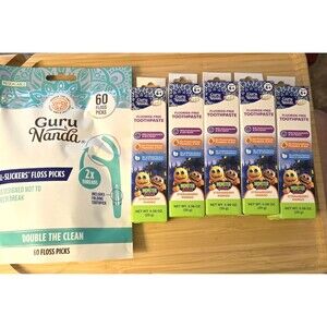 5 Tubes Guru Nanda Kids Fluoride-Free Toothpaste Hydroxyapatite plus Floss Picks